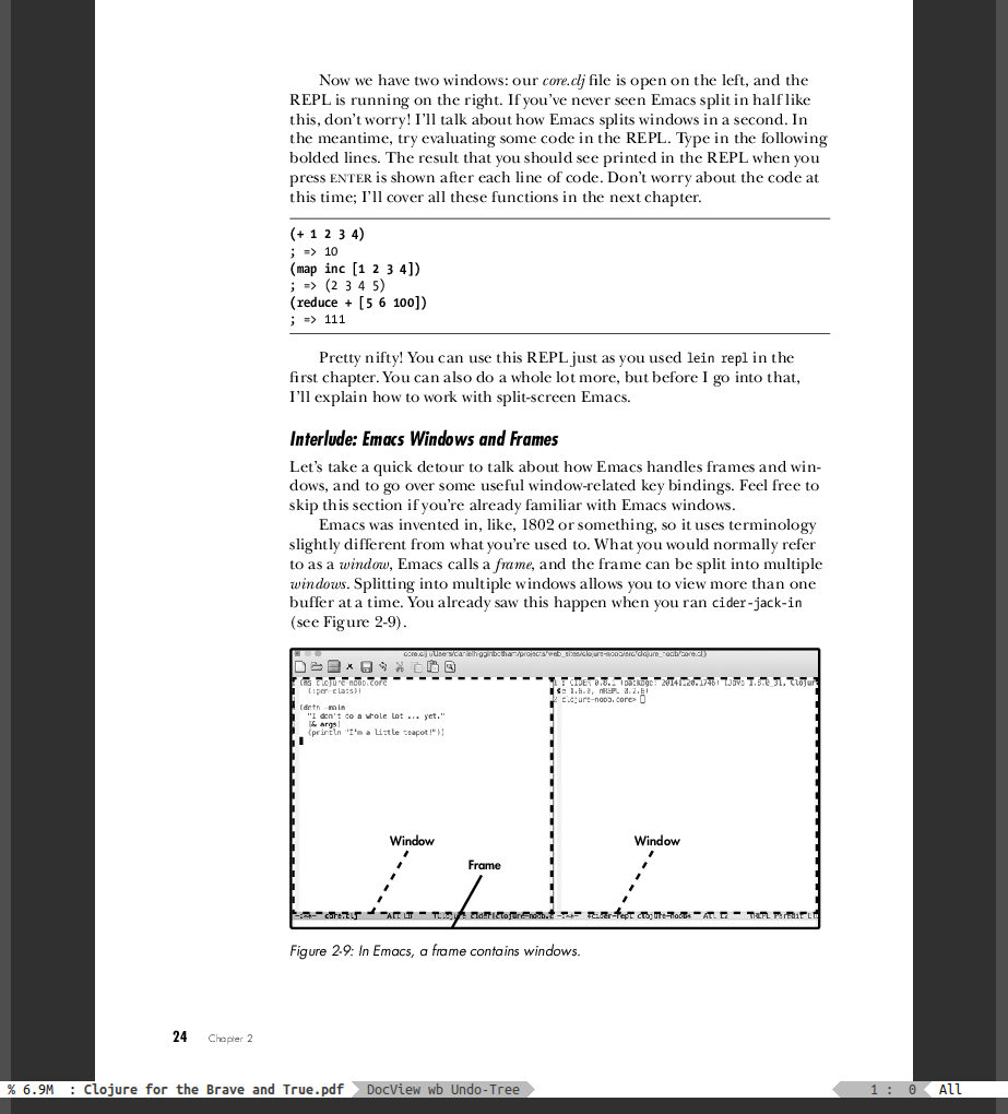 An emacs window displaying a PDF file, titled Clojure for the Brave and True.pdf. The page includes some clojure code, and talks about Emacs.