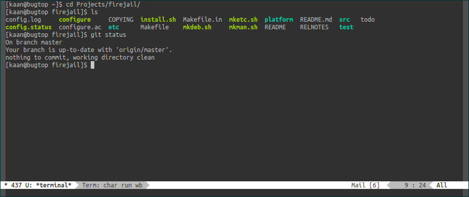 A terminal interface, with the outputs of the commands ls and git status displayed.