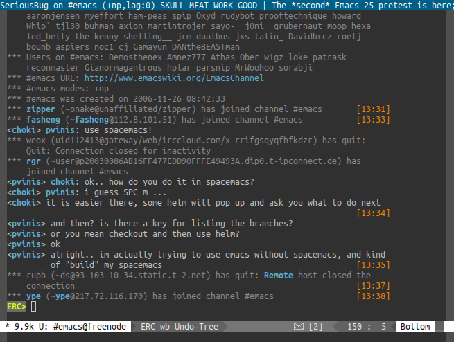 An Emacs window, displaying an IRC chat for emacs freenode.