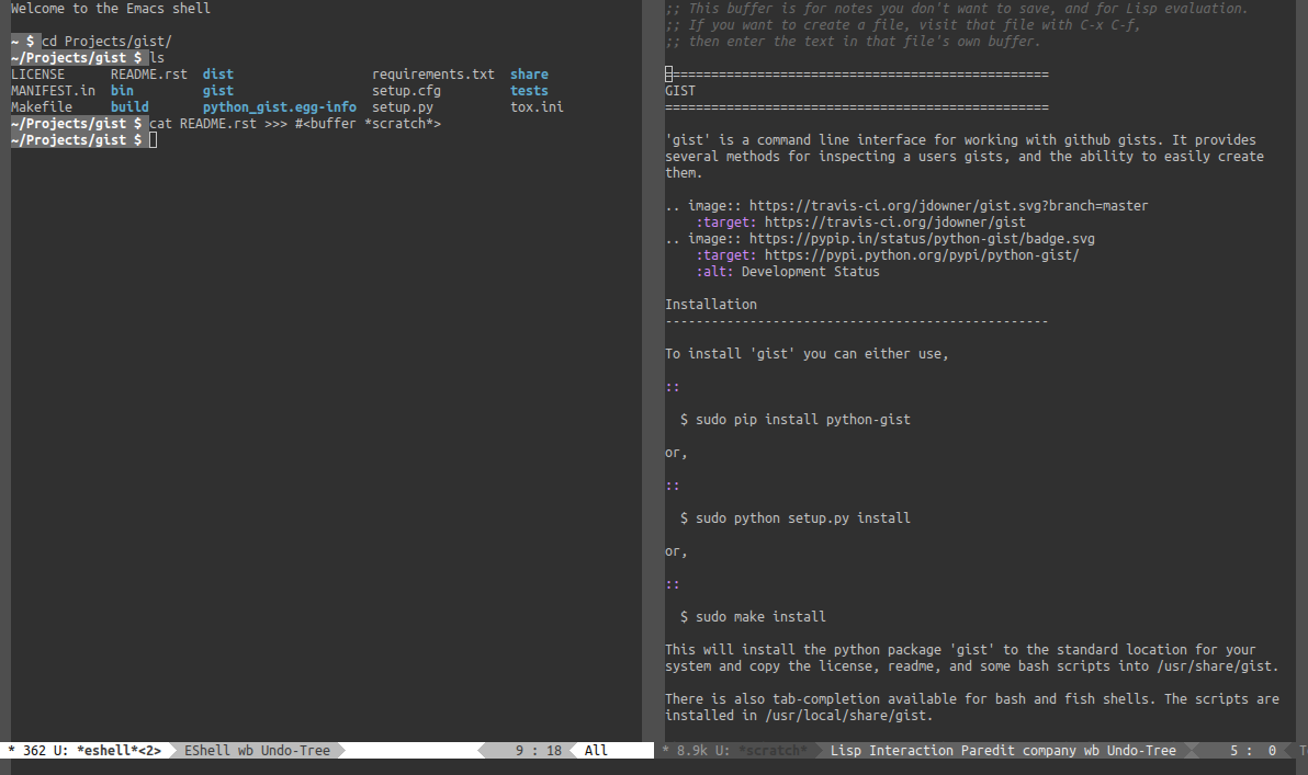 An Emacs window, split in two. Left side shows a command line with the command cat README.rst buffer scratch. Right side shows the emacs scratch buffer, with the contents of the readme file displayed.