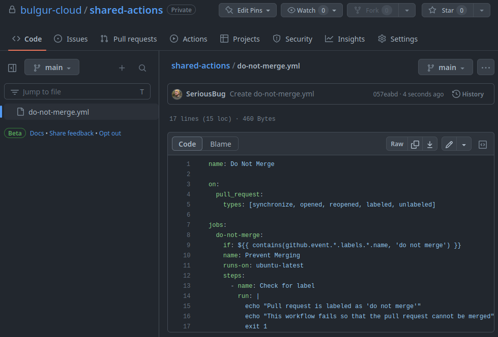 A github repository, with a single file named do-not-merge.yml at the root of the repository. The file contains the code listed earlier in this page.