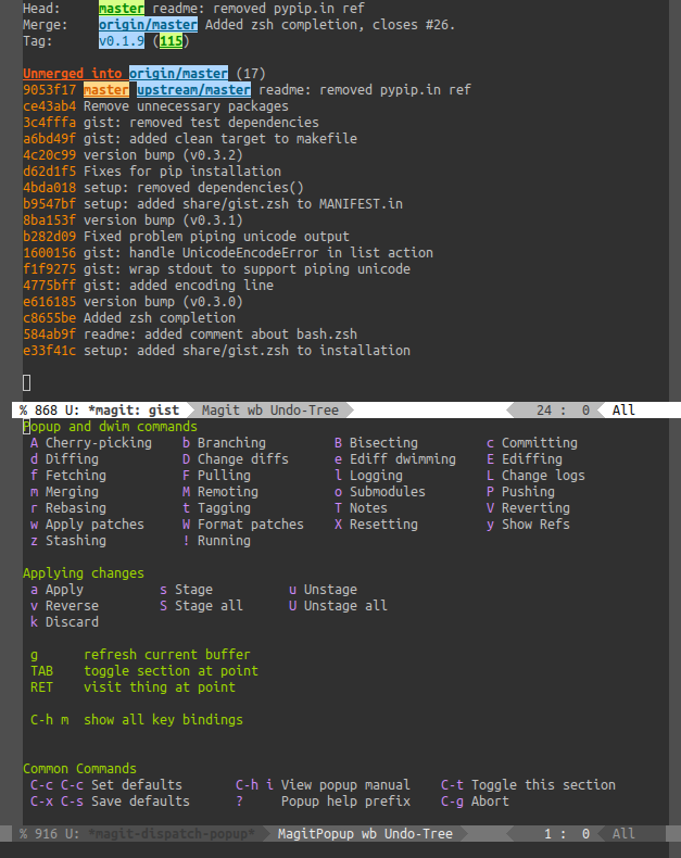 An emacs window, displaying the git log for a repository at the top, and the shortcuts for git commands such as Apply, Stage, Unstage below.