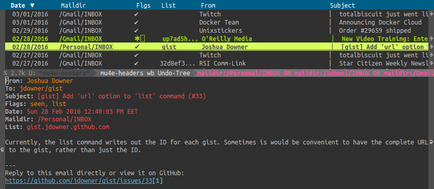 An emacs window, displaying several emails on top with titles like Announcing Docker Cloud, or Order #29659 shipped. An email titles Add 'url' option to 'list' command' is selected, and the bottom half of the window displays the contents of this email. Email display includes From and To fields, Date, Flags, and the body of the email.